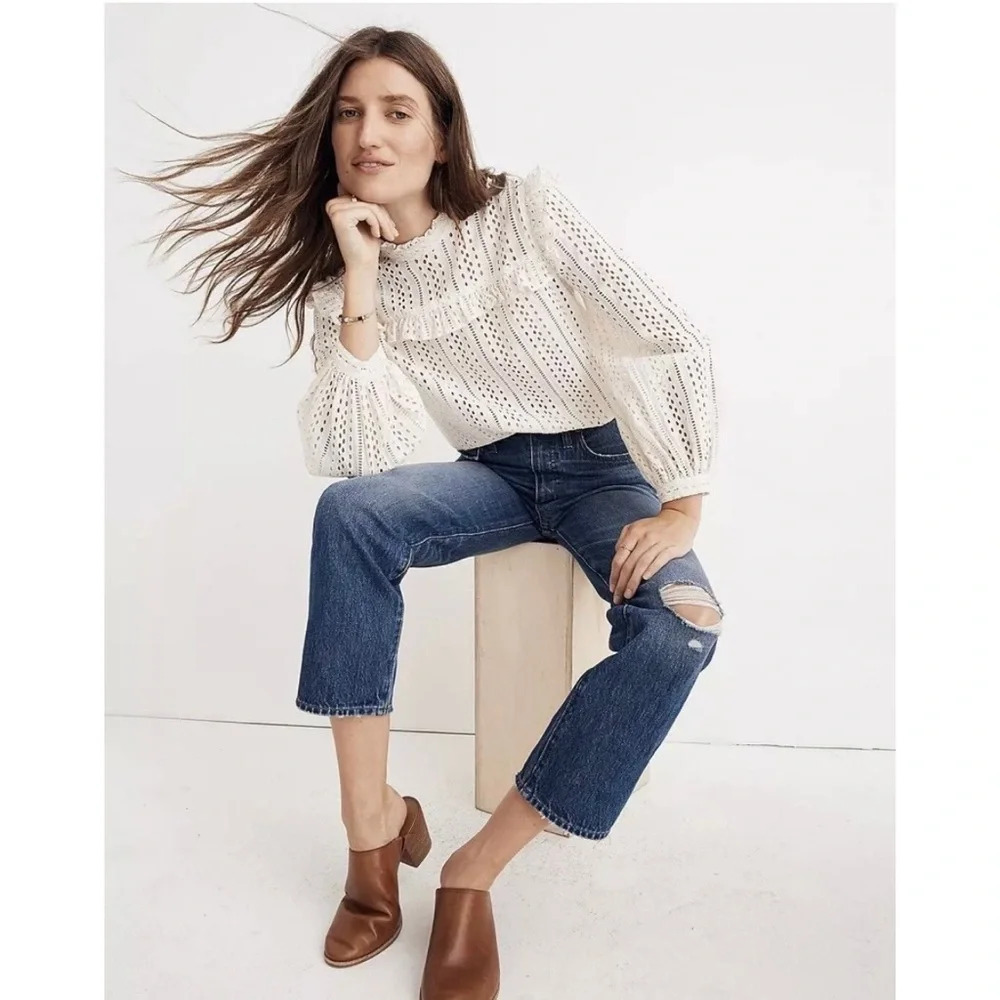 Madewell Classic Straight Jeans in Jade Wash: Knee-Rip Edition J7951 Size 27 - Picture 2 of 15
